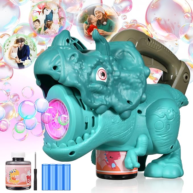 Dinosaur Bubble Machine with Colorful Lighting for Kids Automatic Handheld Dinosaur Bubble Toy 20000+ Big Bubbles Per Minute Bubbles Toy for Outdoor Parties Yard Fun Kids Gift Triceratops Blue