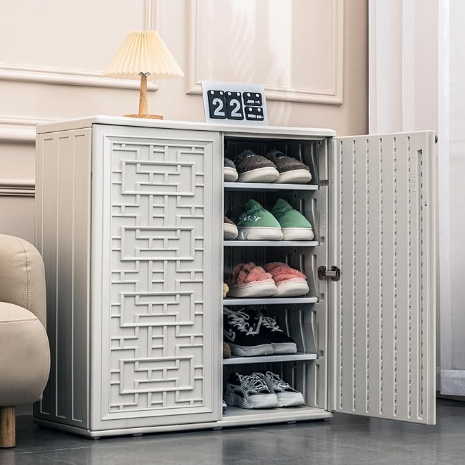 Indoor Outdoor Storage Cabinet Waterproof with Shelf, Off White Plastic Outdoor Cabinets for Patio/Garden/Backyard, Size 34.3''L*15''W*36.2''H