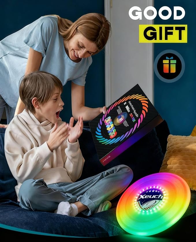 Light Up Flying Disc, 175g Glow Disc with 30 RGBs, 16 Lighting Modes, 4 Brightness, 600mAh Rechargeable Battery, Built-in Timer and Sensor for Competitive & Casual Play, Gift for Men/Boys/Teens