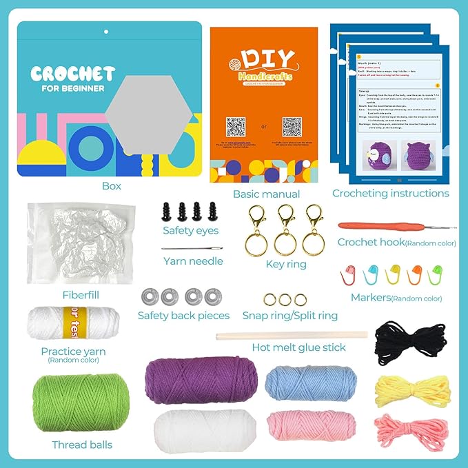 RoseFlower Crochet Kit for Beginners, Easy Crochets Starter Kits with Step-by-Step Video Tutorials, DIY Craft Knitting Crochet Animals Set for Kids Adult - 3 Pack Frog Owl Rabbit