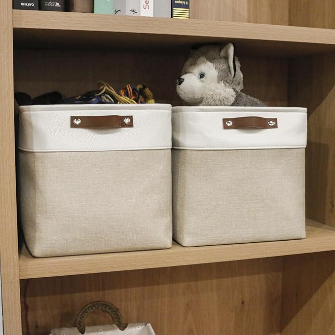 13x13 Cube Storage Bins, Collapsible Fabric Storage Box, 4 Pack Closet Baskets with Handles for Organizing, Shelf, Toys, Clothes, Home, Office, Nursery (Beige&White)