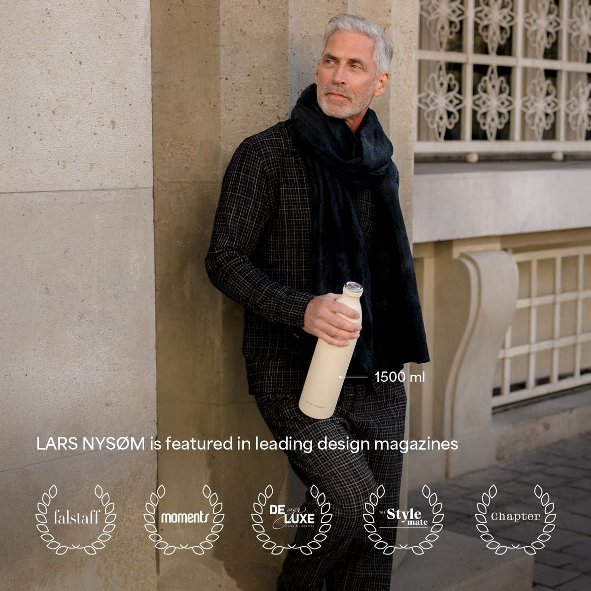 LARS NYSØM Stainless Steel Insulated XL Water Bottle 12oz 17oz 25oz 34oz 51oz | Insulated Thermo Flask for Hot and Cold Beverages | Leakproof Drinking Bottle (Carbon Black, XL 50.7oz)