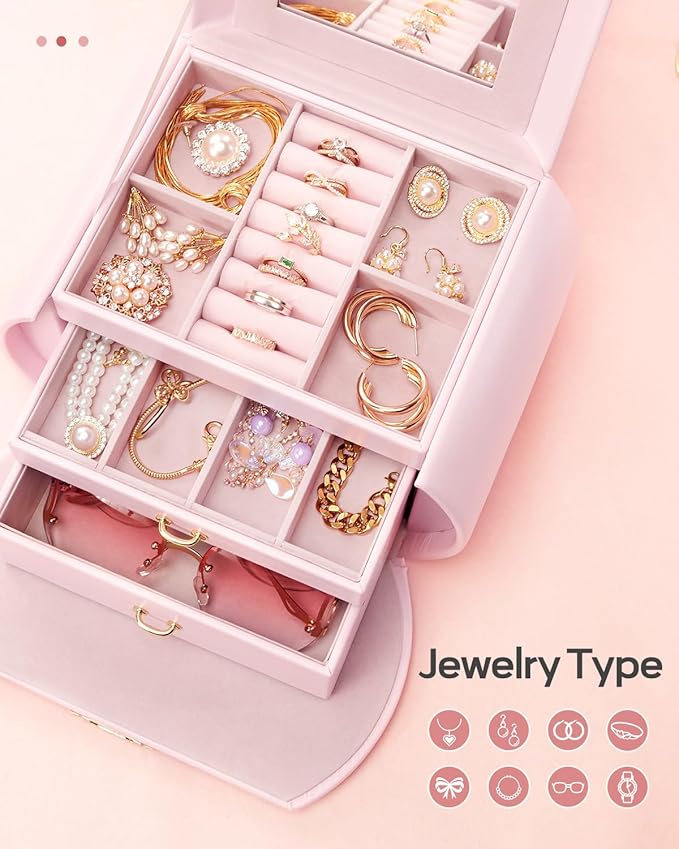 Homde Girls Jewelry Box Jewelry Storage Case Organizer with Mirror for Rings, Earrings, Bracelets, Necklaces (Light Pink + Gold)