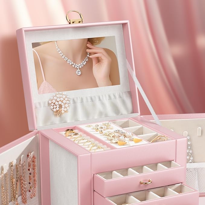 5-Layer Jewelry Box with 4 Drawers, Huge Portable Jewelry Organizer with Lock and Mirror for Women, for Necklace Ring Earring Bracelet Storage, Lockable Jewelry Case, Pink