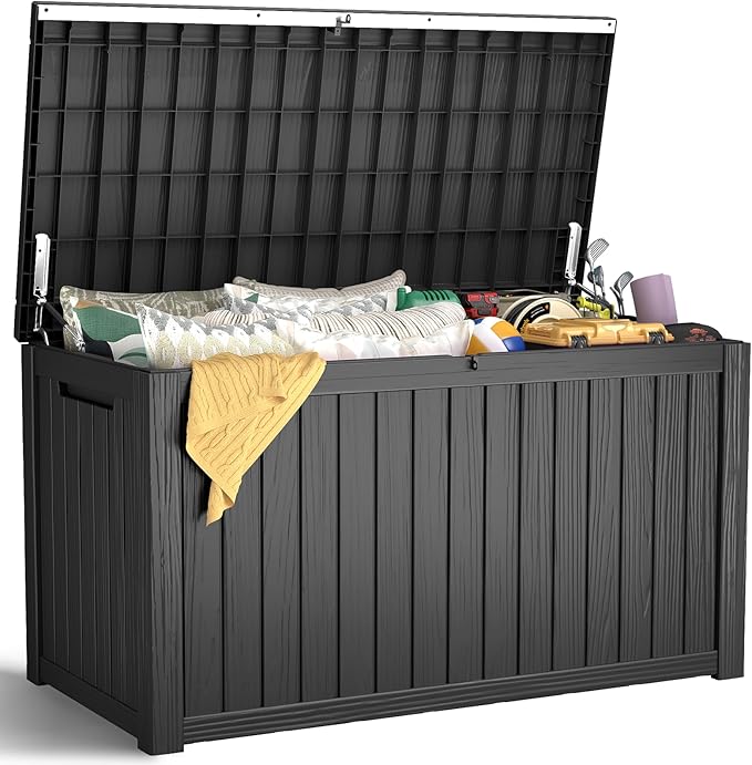Outdoor Storage Box, 180 Gallon Waterproof Resin Deck Box, Storage Bin for Package Delivery, Patio Furniture Cushion, Garden Tools, Pool Accessories, Weatherproof and UV Resistant, Black