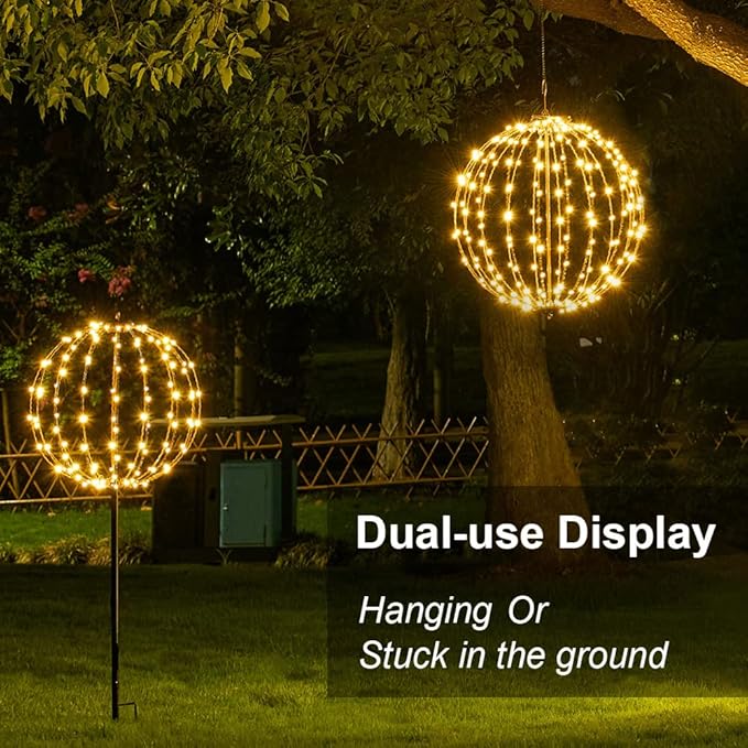 LIGHTSHARE 16IN 128LED Light Ball Yard Decoration Pathway Lights Sphere Light with Fold Flat Metal Frame Indoor Outdoor Waterproof Garden Lights, Plug in