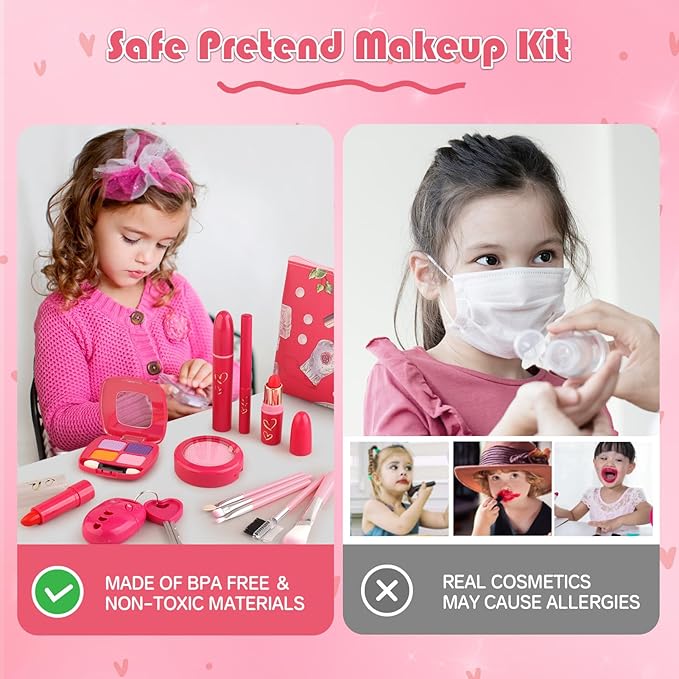 Toddler Girl Toys, Pretend Makeup Kit for Girls 3-5, Kids Play Makeup Set for Kids 3-5 4-6, Toddler Makeup Kit with Fake Makeup Set, Car Key & Make up Toy for Age 3 4 5 Year Old Girl Gifts