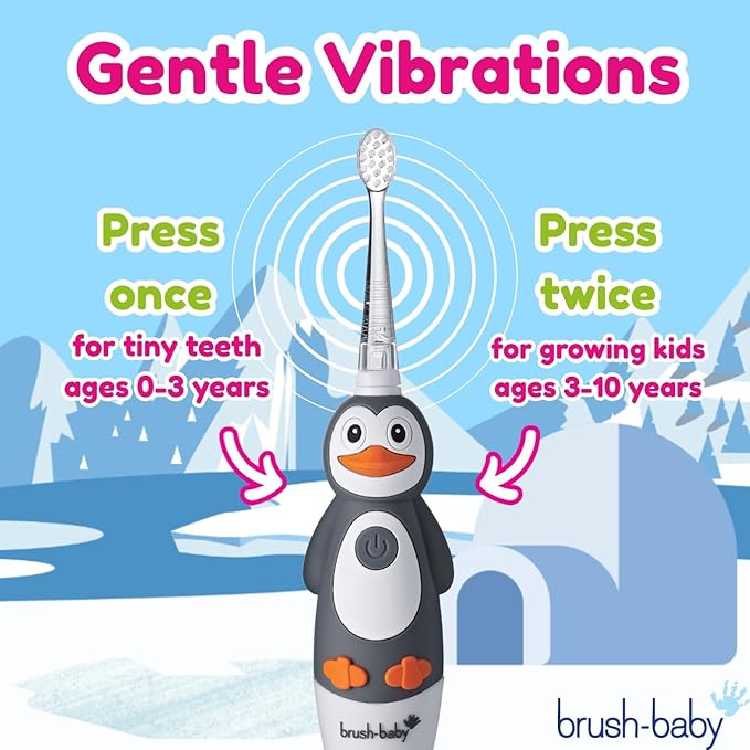brush-baby WildOnes Kids Electric Rechargeable Toothbrush Penguin, 1 Handle, 3 Brush Heads, USB Charging Cable, for Ages 0-10 (Penguin)