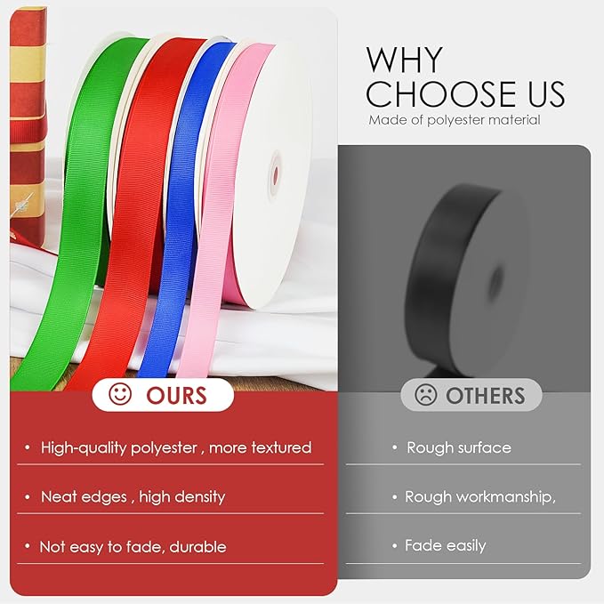 100 Yards 3/8 inch Grosgrain Ribbon, Solid Color Fabric Ribbon Perfect for Gift Wrapping, Wedding, Handmade Bows, Floral Bouquets and Party Decoration(red)