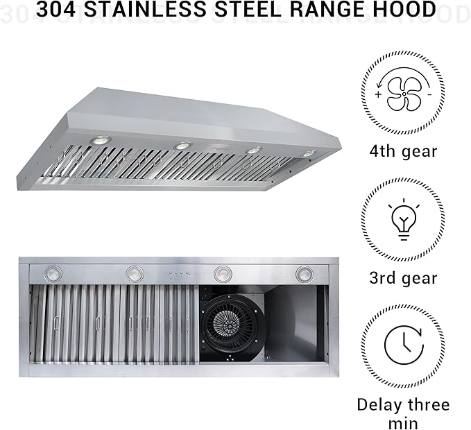 CHETTO C Stainless Steel Range Hood Cover with 4-Speed Vent Hood Insert Custom Handcrafted Metal Kitchen Fan with Towel Rack LED Light 48"W x21"D x27"H White Wall Mount