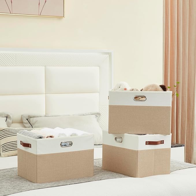 Large Collapsible Fabric Storage Bins with 3 Handles, Foldable Organizer Baskets for Closet, Shelves, Living Room | 3 Pack, Durable PU & Metal Handles (17"x11.8"x11.8", Beige & White)