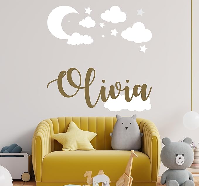 Custom Name with Moon Clouds and Stars - Nursery Baby Name Wall Art - Wall Decal for Nursery Bedroom playroom Decoration (Wide 20x20inch Height)
