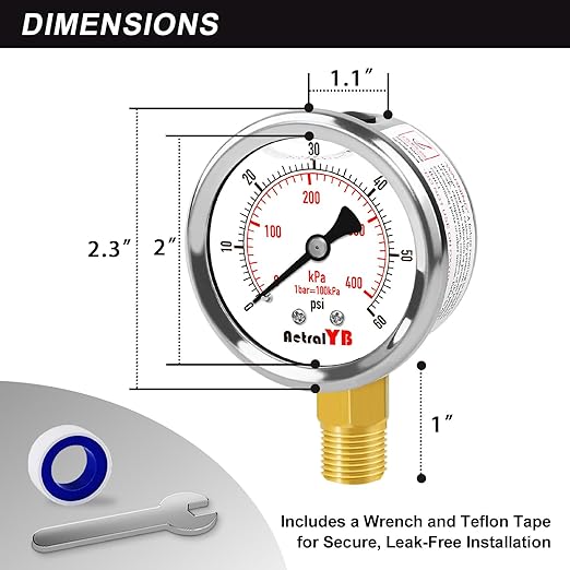 0-60 Psi Glycerin-Filled Pressure Gauge, 2-Inch Gauge, Stainless Steel, 1/4" NPT Lower Mount,400kPa Pressure Gauge for Pool Pump, Sand Filter, Air Compressor, and Well Water Systems
