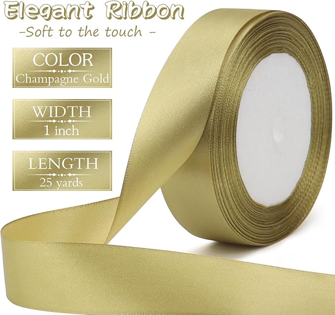 Champagne Gold Solid Satin Ribbon 1 Inch 25 Yards Solid Polyester Fabric Ribbon for Gift Wrapping Wedding Christmas Baby Shower Birthday Party Decoration Handmade Immortal Flower Craft