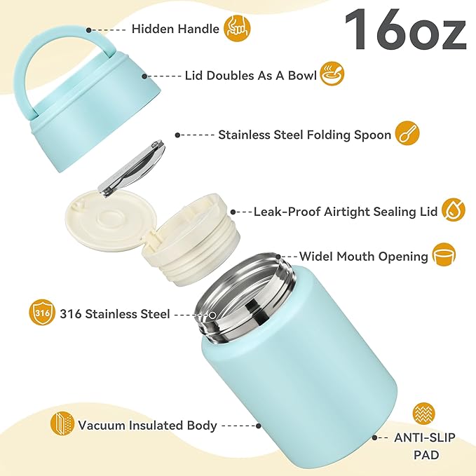 Soup Thermo for Hot Food Kids 16oz Insulated Food Jar Leakproof Thermo Lunch Container for Kids Wide-Mouth Stainless Steel Lunch Box for School with Handle Folding Spoon(3+)