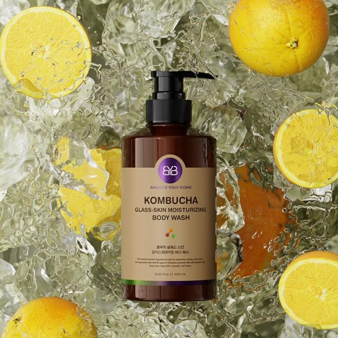 BALANCE YOUR BIOME Kombucha Glass-Skin Moisturizing Body Wash, K-Beauty,Fermented soybean, barley, Pear Juice, Pomegranates,12 Vitamins, Nurishing, Cleansing, 16.9 fl.oz.500ml, No Silicone