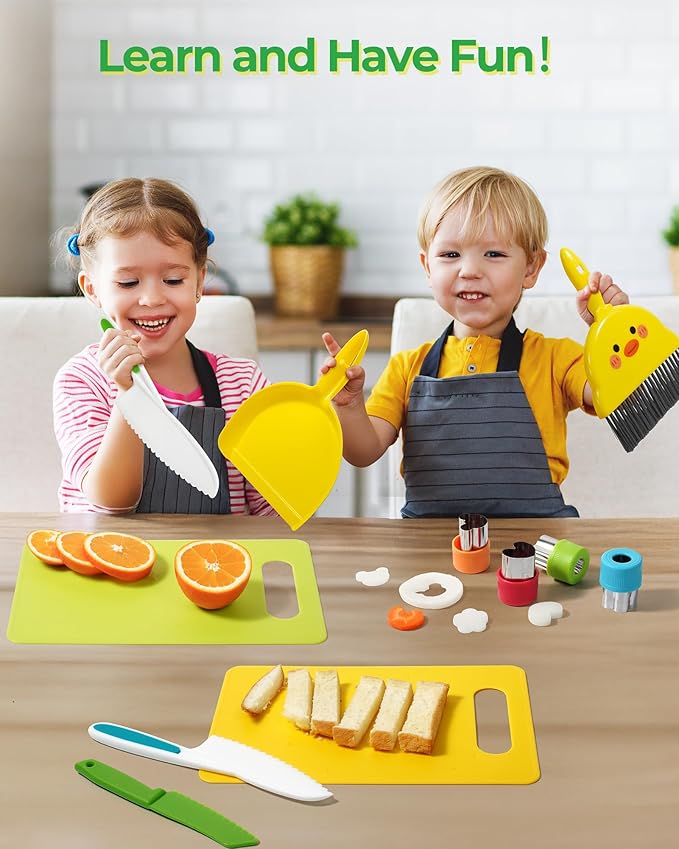 Kids Kitchen Knife Set, 15 Pcs BPA Free Montessori Kitchen Tools for Toddlers' Real Cooking, Include Knives, Crinkle and Sandwich Cutters, Peeler, Cutting Boards, Cleaning Tools for 3+ Birthday Gift