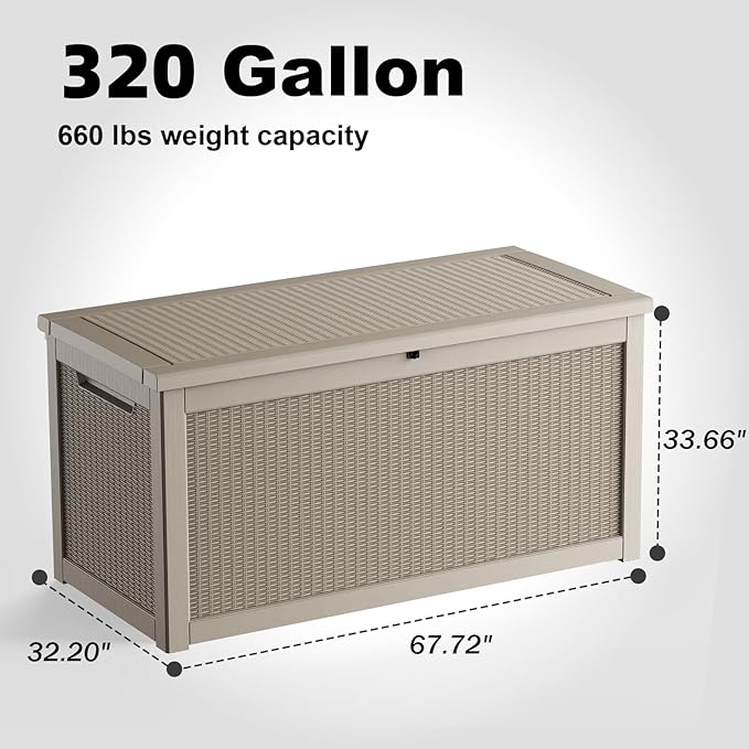 320 Gallon Waterproof Outdoor Storage Box, UV Resistant Resin Deck Box with Hydraulic Rod for Reinforced Stability, Perfect for Patio, Garden, and Pool, Grey