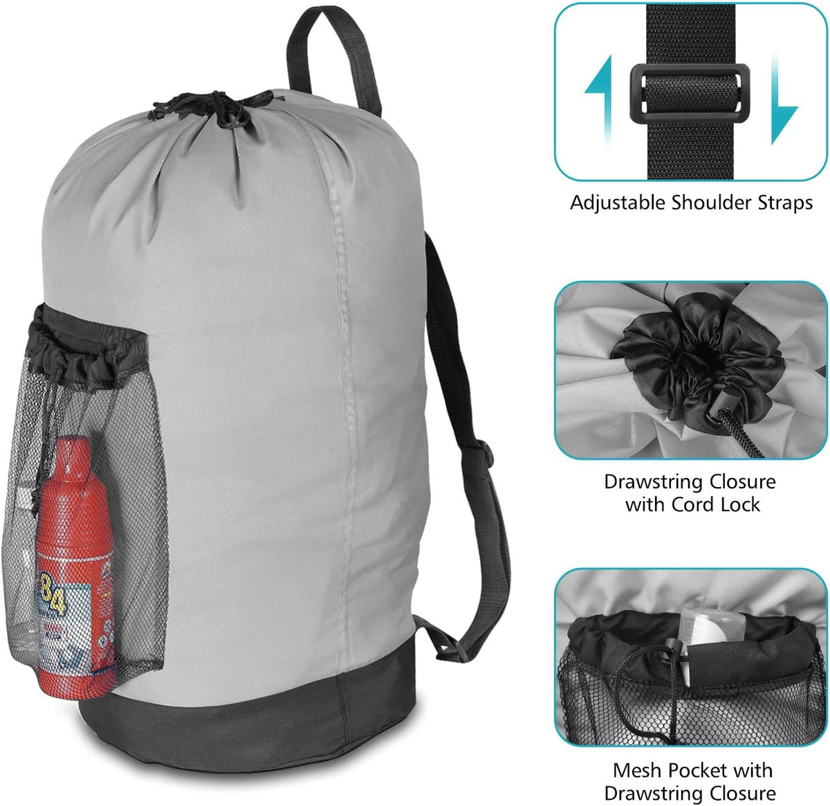 Dalykate Backpack Laundry Bag, Laundry Backpack with Shoulder Straps and Mesh Pocket Durable Nylon Clothes Hamper Bag with Drawstring Closure for College, Travel, Laundromat, Apartment