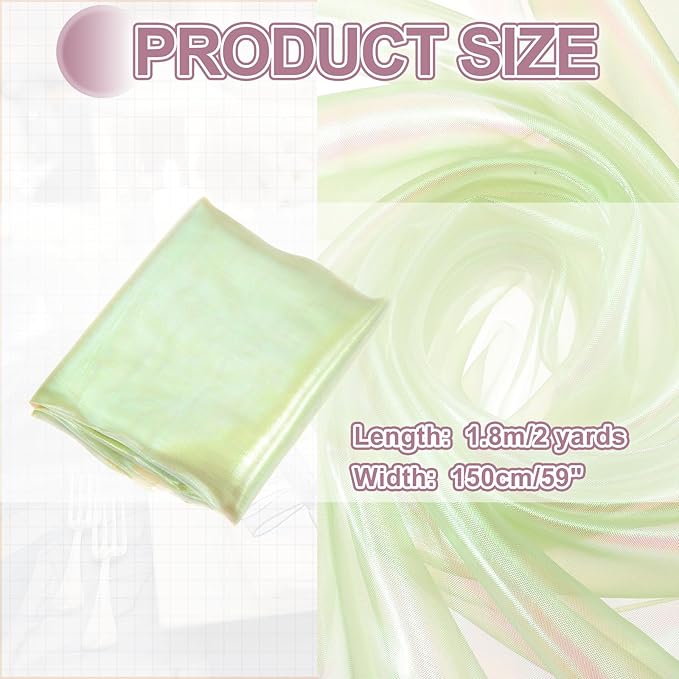 MECCANIXITY Iridescent Sheer Organza Fabric, 2 Yards x 59 Inches Solid Laser Holographic Shiny Fabric Organza Cloth for Wedding, Curtains, Costume, Photo Background, Light Green