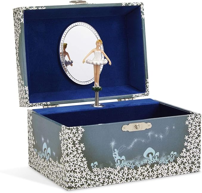 Jewelkeeper Girl's Musical Jewelry Storage Box with Twirling Fairy Blue and White Star Design, Swan Lake Tune