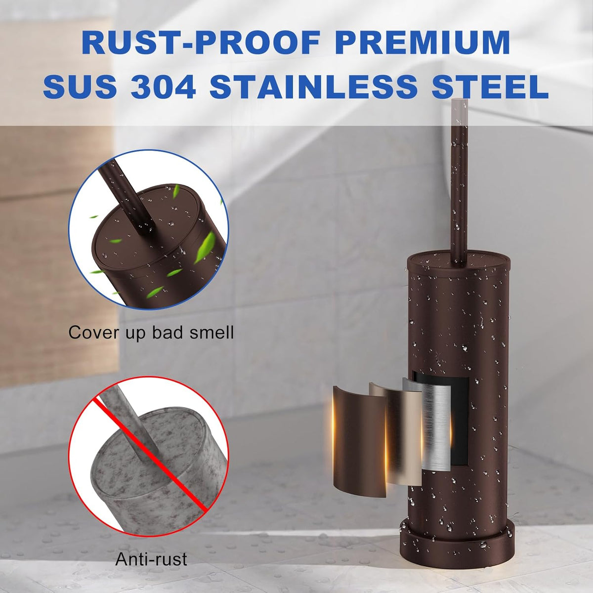 Toilet Brush and Holder Set: 304 Stainless Steel Heavy Duty Toilet Bowl Brush and Holder with Removable Inner Bowl and Splash Protection, Modern Long Handle Bathroom Cleaning Tool