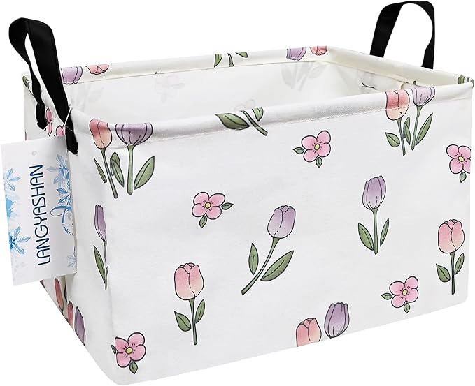 LANGYASHAN Rectangular Storage Bin Collapse Canvas Fabric Cartoon Storage Basket with Handles for Organizing Home Kitchen Boys and Girls Toys Office Closet Shelf Baskets (Rec Romantic Tulip)