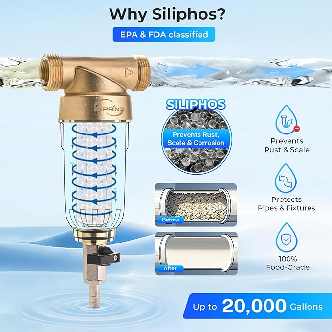 iSpring WSP-50SL Reusable Whole House Spin Down Sediment Water Filter Softener, Includes Siliphos Helps Prevent Scale and Corrosion, 1" MNPT + 3/4" FNPT, 50 Micron
