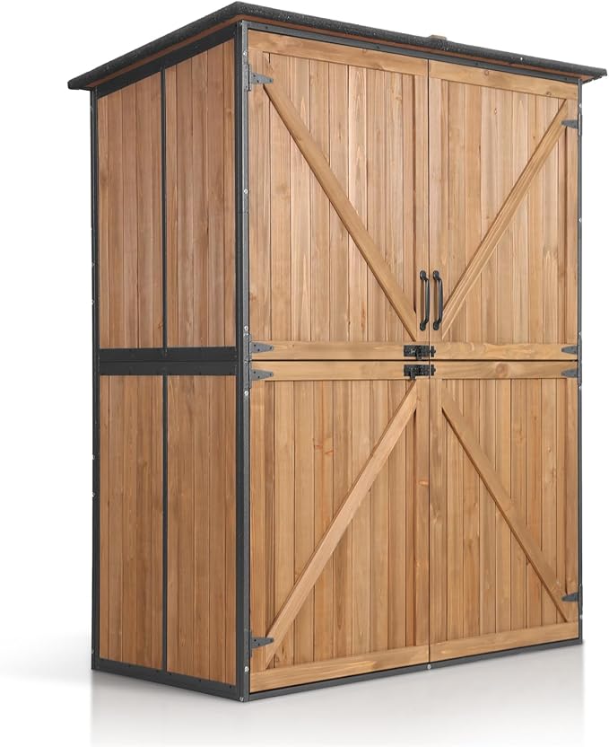 Aivituvin Shed Outdoor Storage Cabinet with Durable Metal Frame Waterproof Garden Tool Storage with Adjustable Shevels and Floor for Backyard Garden Patio Lawn, 55" L, Brown