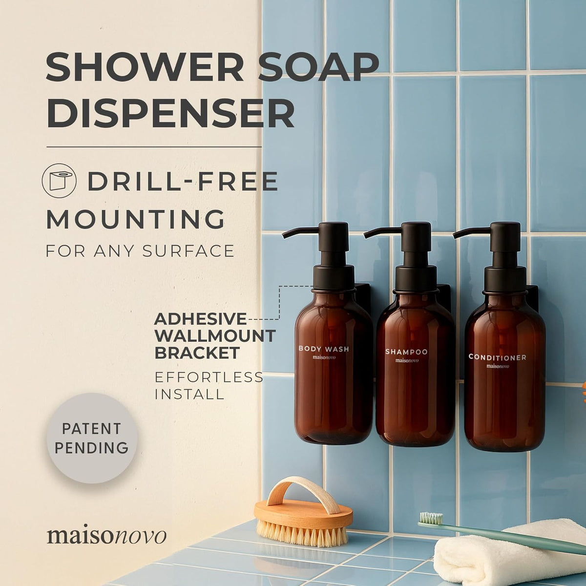 MaisoNovo Shampoo and Conditioner Dispenser - Shower Soap Dispenser Wall Mounted - 16.9 fl oz Set of 3 Amber Plastic Bottles Black Pump - 3 Chamber No Drill