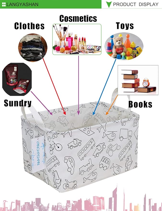 LANGYASHAN Rectangular Storage Bin Collapse Canvas Fabric Cartoon Storage Basket with Handles for Organizing Home Kitchen Boys and Girls Toys Office Closet Shelf Baskets (Rec Vehicle)
