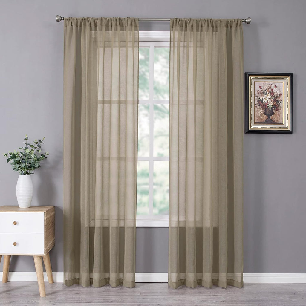Tollpiz Sheer Curtains Bedroom Linen Textured Curtain Sheers Light Filtering Voile Rod Pocket Curtains for Living Room, 38 x 84 inches Long, Taos Taupe, Set of 2 Panels
