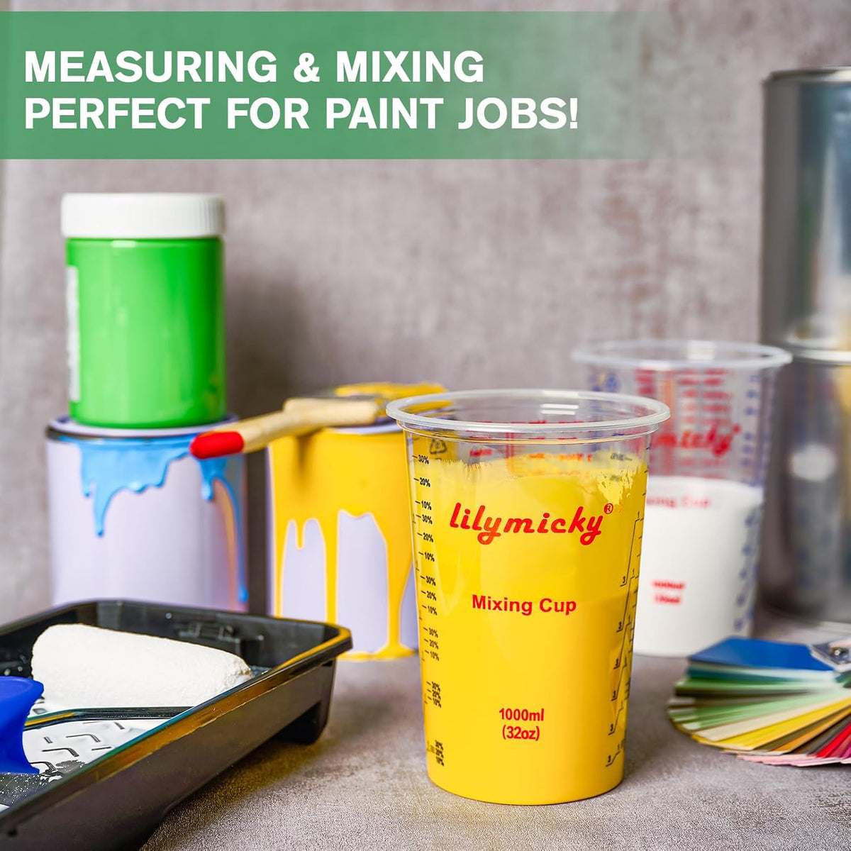 50 PACK Plastic Measuring Cups, 32 oz (1000ml) Disposable Mixing Cups, Measurement ratios: 2:1, 3:1, 4:1, Perfect for Epoxy Resin, Paint Mixing, Art DIY