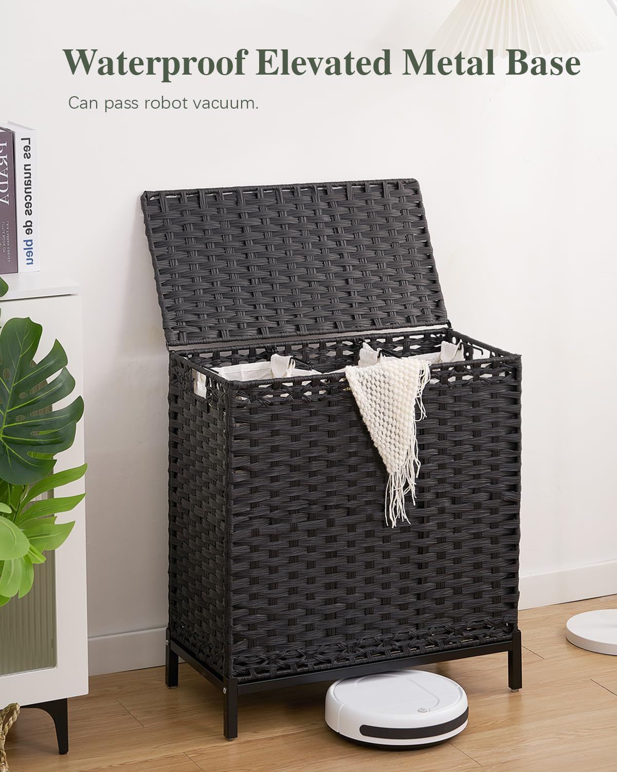 Laundry Hamper with Lid 132 L, (35 Gallons) Clothes Hamper with Lid, Handwoven Rattan Laundry Hamper with Metal Heightened Feet, Laundry Hampers with 3 Removable Liner Bags for Laundry-Black