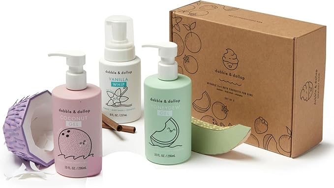 Dabble & Dollop Beachy Bundle, Natural Bubble Bath, Body Wash, Shampoo for Kids, USA-Made, Paraben & Sulfate Free, Vegan, Gluten-Free, Tear-Free, Honeydew Melon, Vanilla & Coconut (Set of 3)