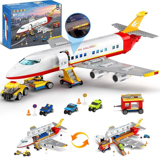 HOGOKIDS 2 Style City Airplane Building Set with LED Light - Large Plane Building Blocks Switch Passenger & Cargo Projectile Toy with 3 Cars, Planes Model Toys Gifts for Adults Boys Girls Age 6-12+