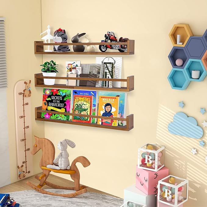AZSKY Light Walnut Nursery Book Shelves 36 in Floating Wall Mounted Bookshelf Kids Room Hanging Shelves Toddlers Toys Books Storage Organizer a Set of 3