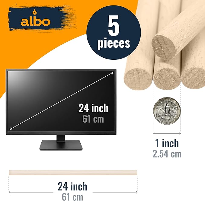 ALBO 1" x 24" Wooden Dowel Rods Set - 5 Pack Birch Natural Heavy Duty Hardwood Craft Sticks Furniture Woodworking Smooth Sanded Finish Railings Supports Decor Crafts Bulk Professional Pack