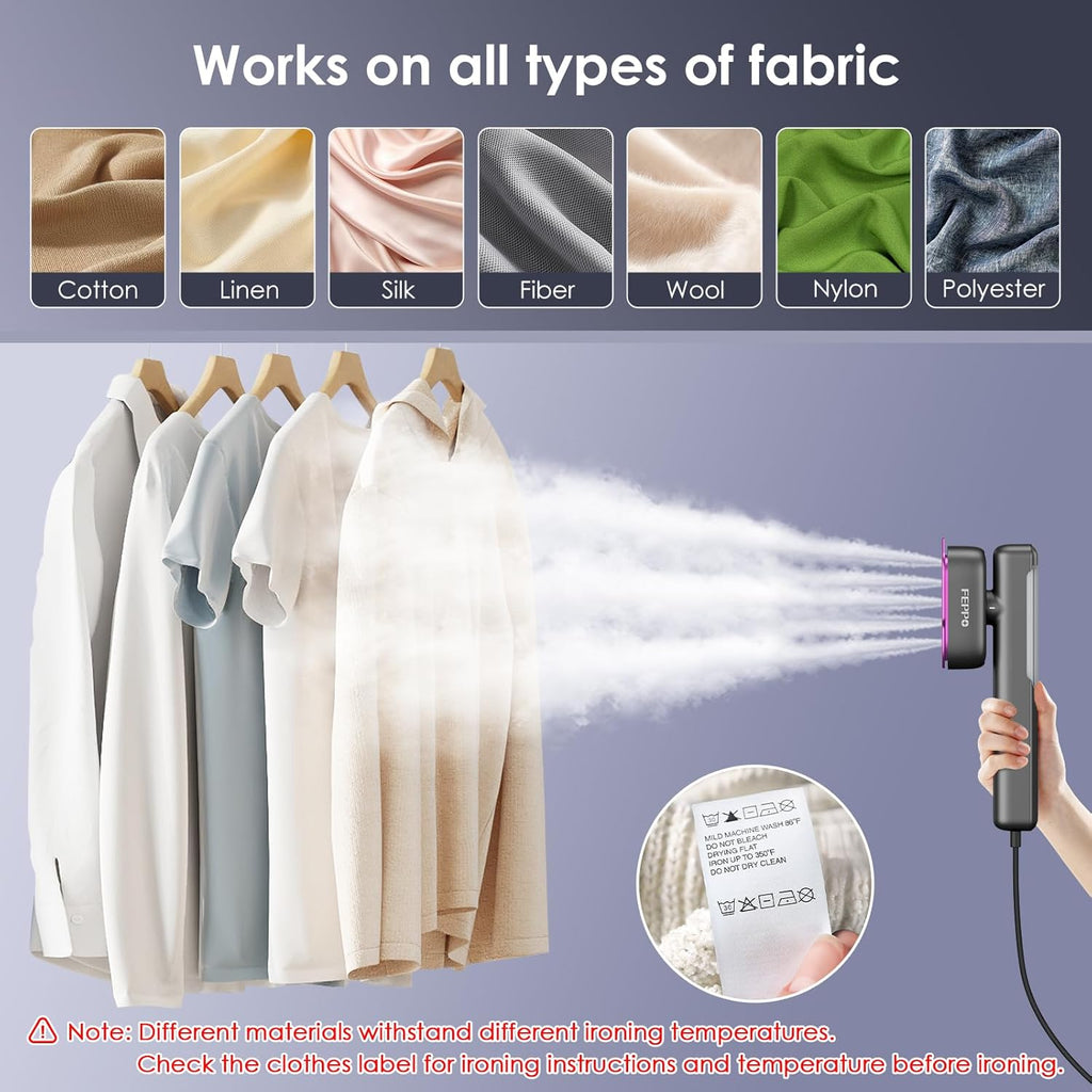 FEPPO Travel Steamer for Clothes, 110-240V Dual Voltage Portable Steamer & Iron 2 in 1, Fast Heat Up, 1100W Powerful Garment Steamer, Large Ceramic Heat Panel for Home & Global & Europe Traveling