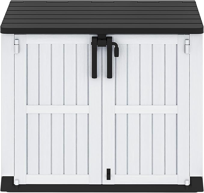DWVO 36 cu ft Tool Storage Shed, Storage for Bakcyard, Patio, and Garden, Resin Plastic Shed with Sloped Lid, Lockable Door, and Wood Grain Finish, Light Gray