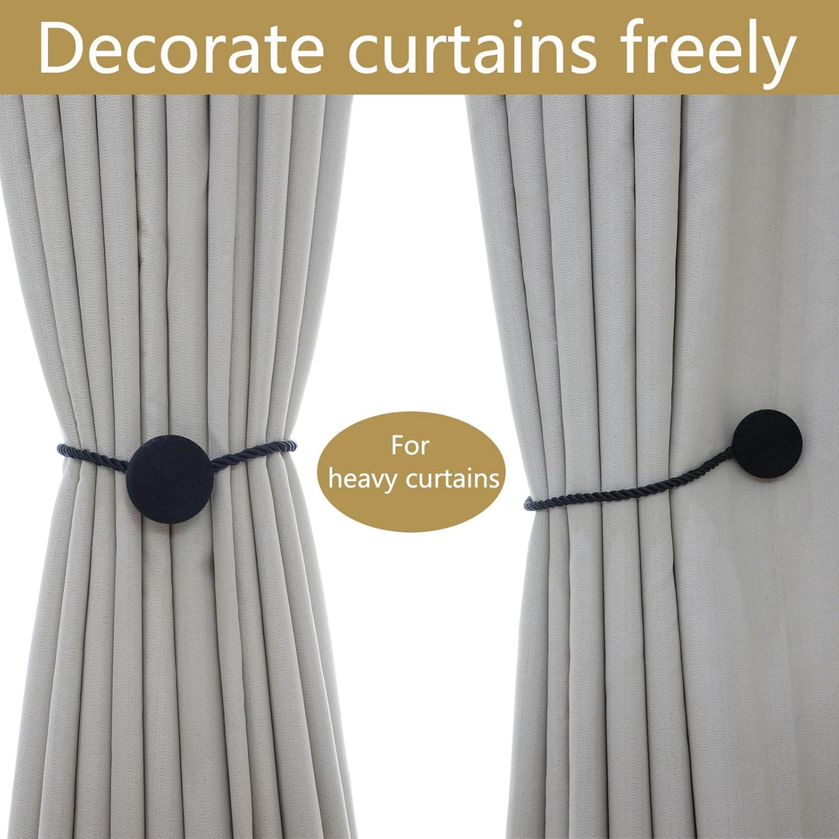 Magnetic Curtain Tiebacks - 12mm Magnetic Tie Backs for Curtains, Heavy Duty No Drill Curtain Holdbacks for Home/Office Windows Drapes, Elegant Gift-Ready Design 7 Colors (2, Black)
