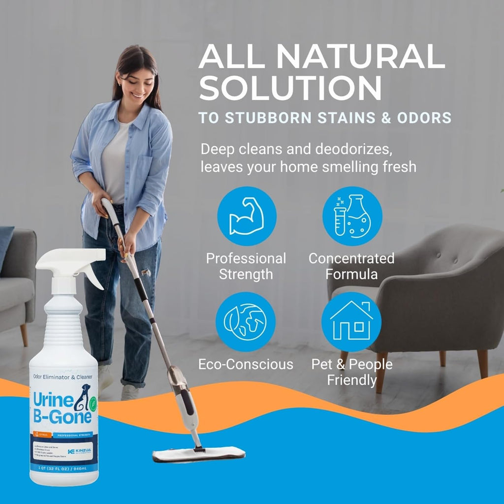 KINZUA ENVIRONMENTAL Urine B-Gone, Professional Enzyme Odor Eliminator & Pet Stain Remover, Human, Cat & Dog Urine Cleaner, Effective on Laundry, Carpets & More, Citrus Scent, 32oz