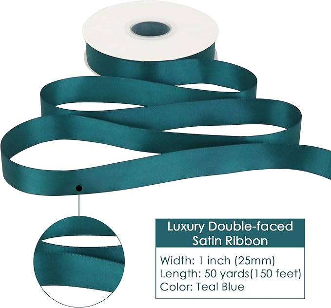 HUIHUANG Teal Green Ribbon 1 inch x 50 Yards Double-Faced Satin Silk Ribbon for Gift Wrapping, Crafts, Wedding, Christmas Tree Decor