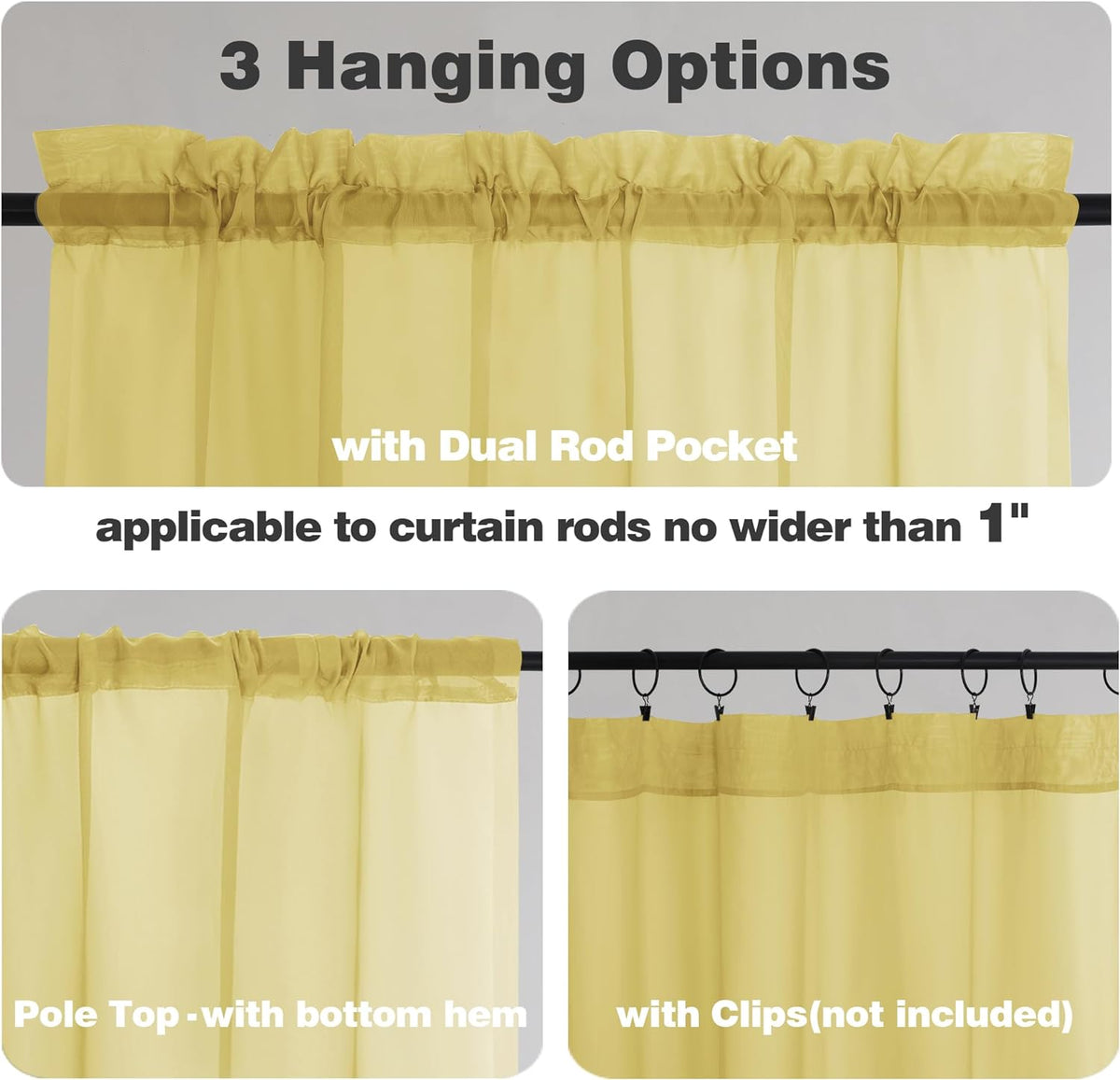 Chyhomenyc Mustard Yellow Sheer Curtains 84 Inch Length 2 Panels, Light Filtering Soft Airy Voile Rod Pocket Sheer Window Drapes for Bedroom Living Room, Each 42Wx84L Inches