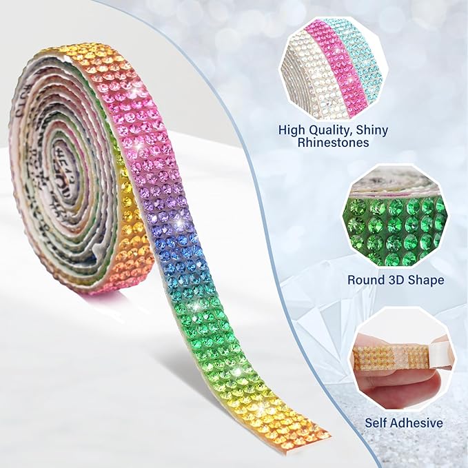 12 Rolls Rhinestone Ribbon Self Adhesive,0.35" X12 Yard Bedazzling Kit with 2 mm Rhinestones Bedazzling Strips for Gift Wrapping Wedding Decor DIY Crafts(12 Colors)