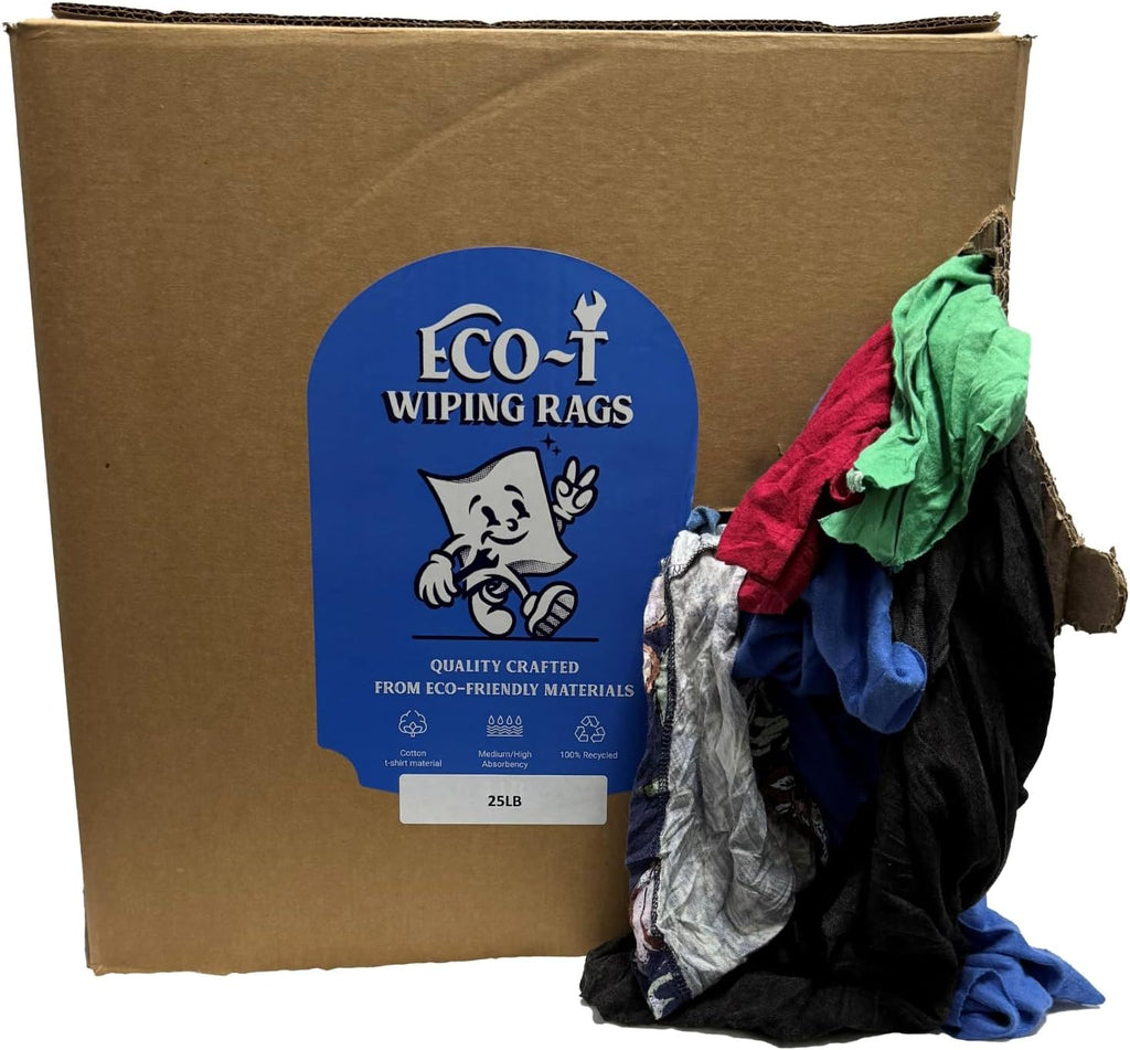 25 Lb Box Eco-T Mechanic Shop Rags - Colored T-Shirt Material, 100% Recycled, Eco-Friendly, High Absorbency, Low Lint, Low-Cost, Industrial Use Wiping Cloth