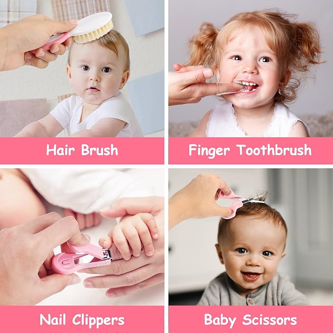 28 in 1 Baby Healthcare and Grooming Kit, Infant Baby Nursery Kit Electric Nail Trimmer Set with Gas Colic Passer Nasal Aspirator Nail Clipper Hair Brush Comb for Newborn Girls Boys (Pink)