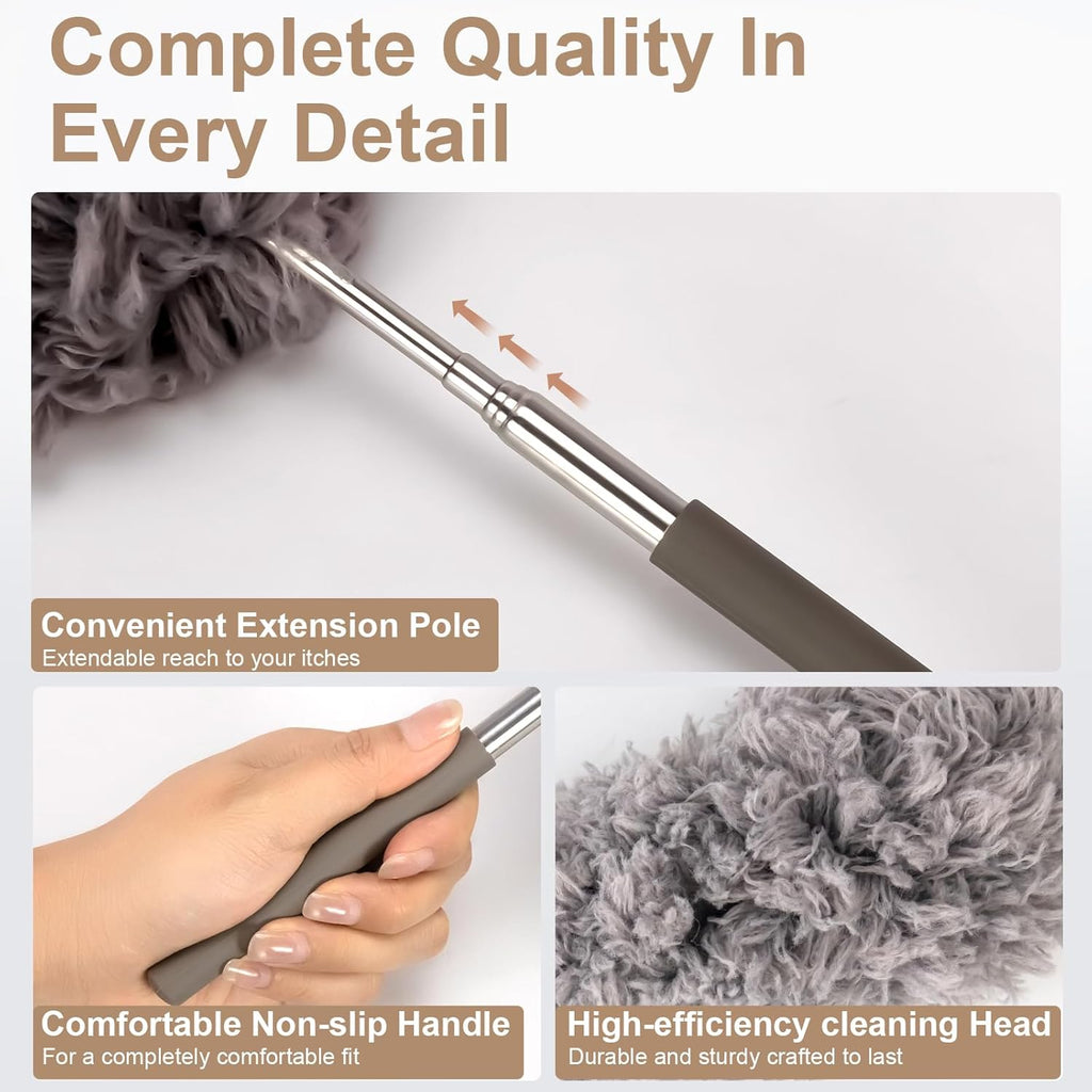 Microfiber Feather Duster Extendable Duster with 14"-33" Extra Stainless Steel Pole, Bendable Head & Long Handle Dusters for Cleaning Ceiling Fan,Ceiling, Blinds, Furniture & Cars Gray