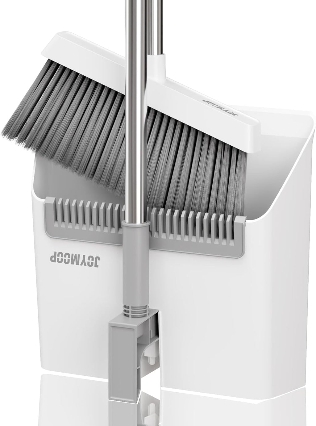 JOYMOOP White Broom and Dustpan Set, Upright Angle Design with Built-in Comb Teeth for Kitchen, Office, Pet Hair, Hard Floors