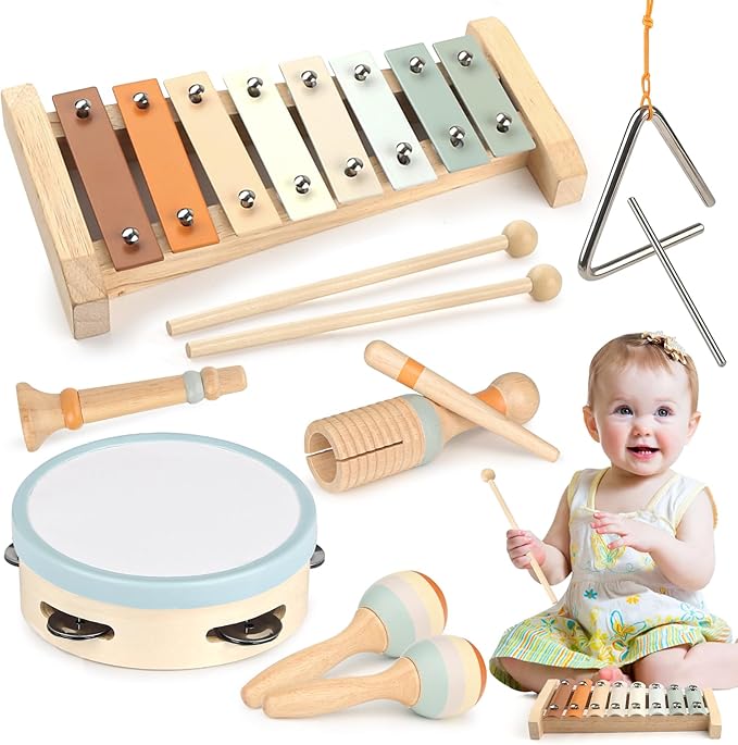 Vanplay Montessori Toys - 6 in 1 Wooden Musical Instruments for Toddlers 1-3, Infant Music Toy for Babies with Boho Xylophone for Boy & Girls Easter Birthday Gifts for 1-2